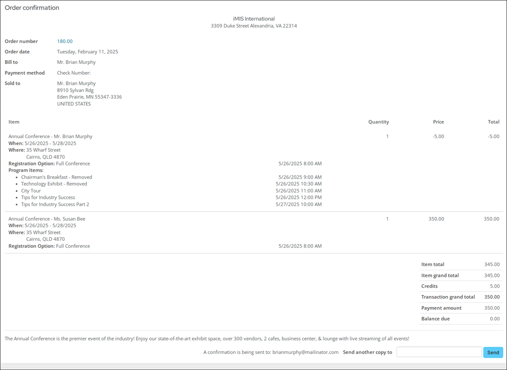 The order confirmation page reflects all registration details.
